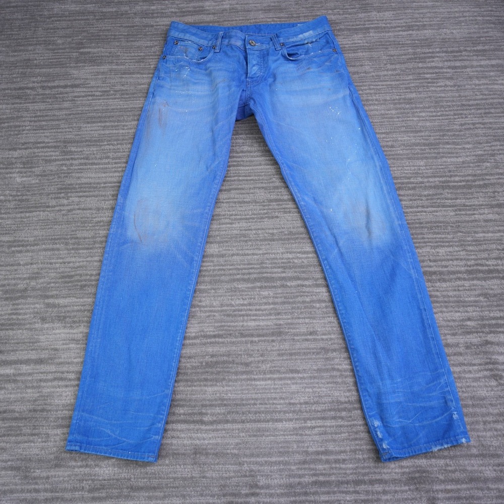 G Star Raw 3301 Distressed Blue Jeans Men Made In Italy Button Fly Low 34x32.25